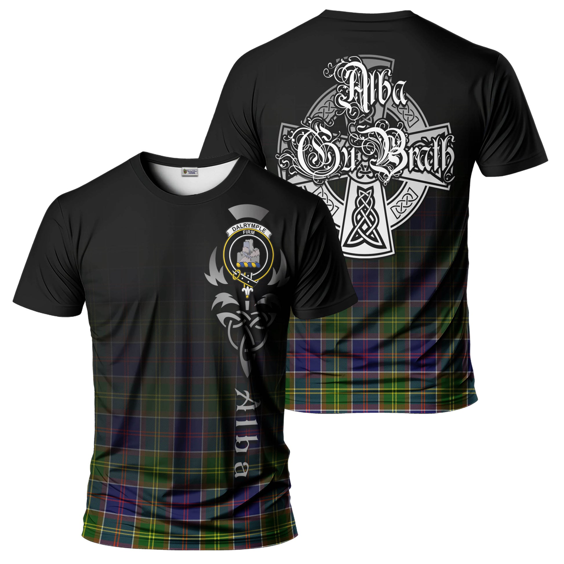 Tartan Vibes Clothing Dalrymple Tartan T-Shirt Featuring Alba Gu Brath Family Crest Celtic Inspired