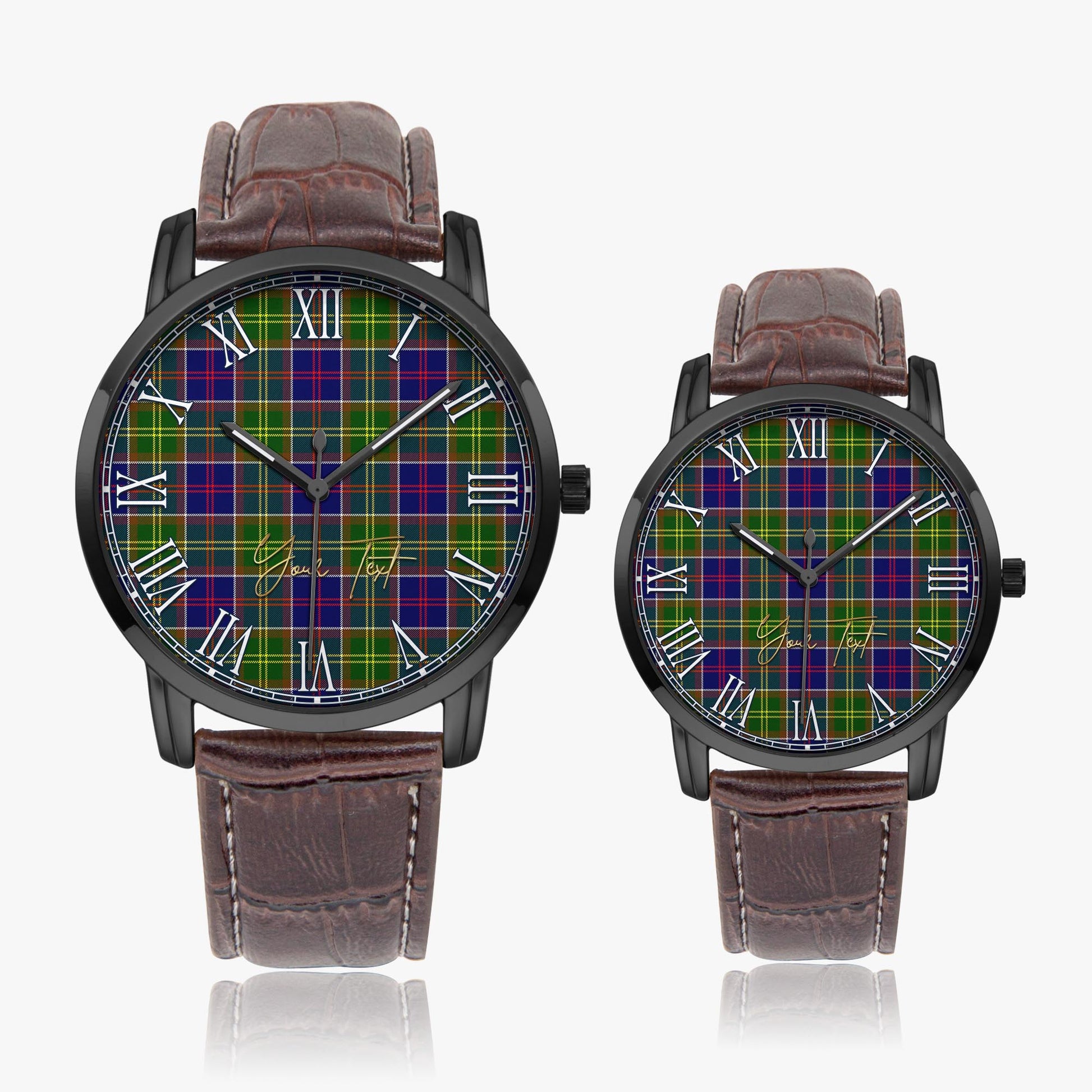 Dalrymple Tartan Personalized Your Text Leather Trap Quartz Watch Wide Type Black Case With Brown Leather Strap - Tartanvibesclothing