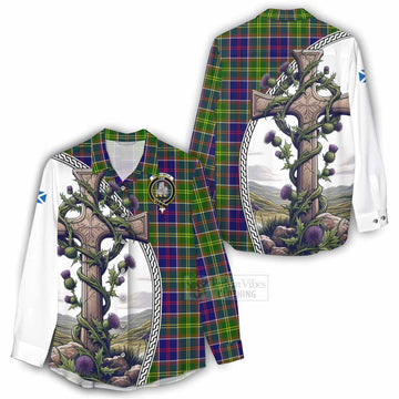 Dalrymple Tartan Women's Casual Shirt with Family Crest and St. Andrew's Cross Accented by Thistle Vines