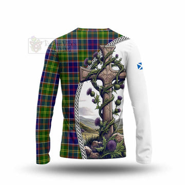 Dalrymple Tartan Long Sleeve T-Shirt with Family Crest and St. Andrew's Cross Accented by Thistle Vines - Tartan Vibes Clothing