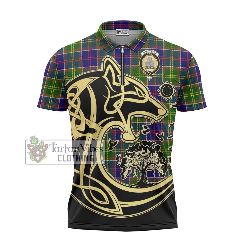 Dalrymple Tartan Zipper Polo Shirt with Family Crest Celtic Wolf Style - Tartanvibesclothing Shop