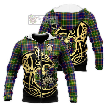 Dalrymple Tartan Knitted Hoodie with Family Crest Celtic Wolf Style