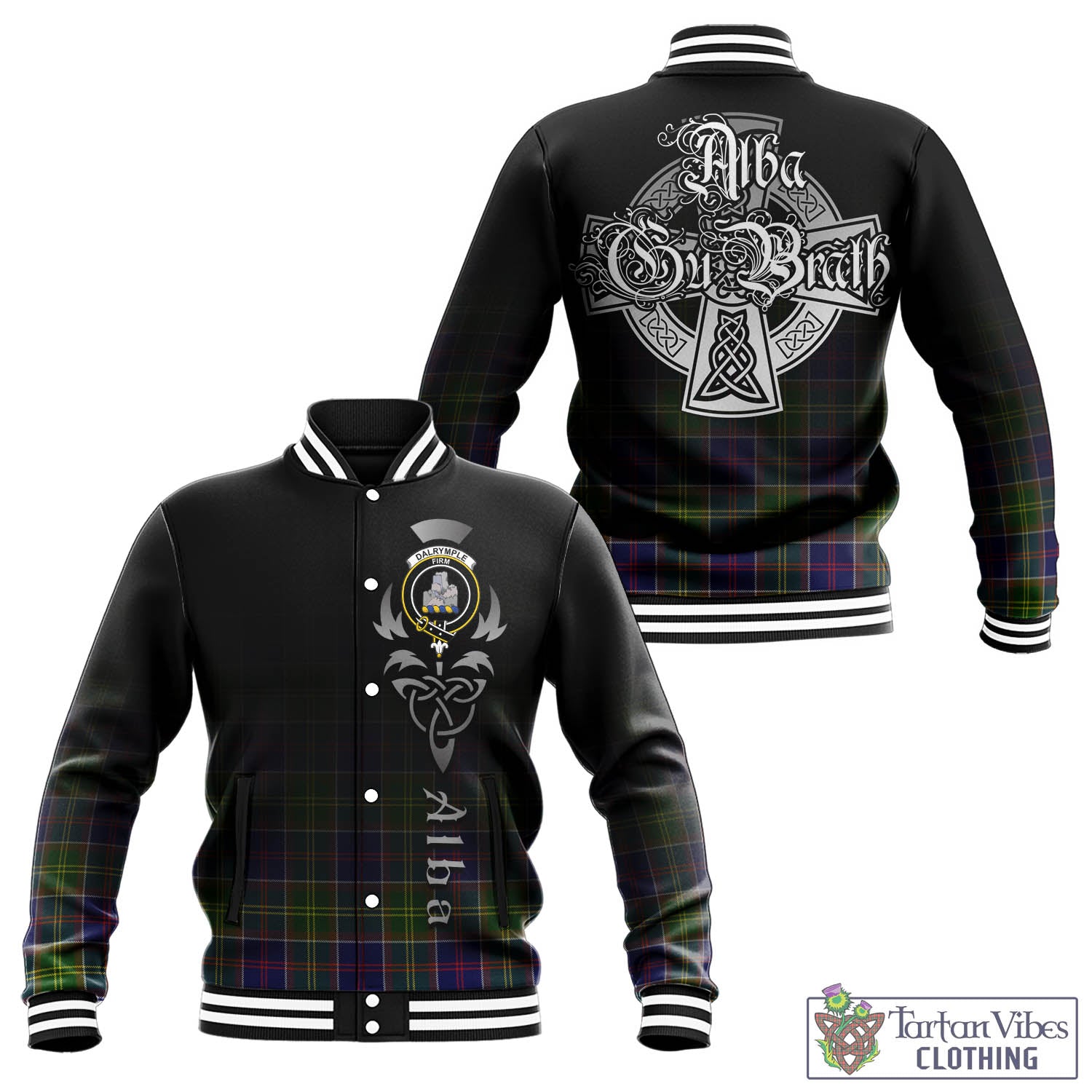 Tartan Vibes Clothing Dalrymple Tartan Baseball Jacket Featuring Alba Gu Brath Family Crest Celtic Inspired