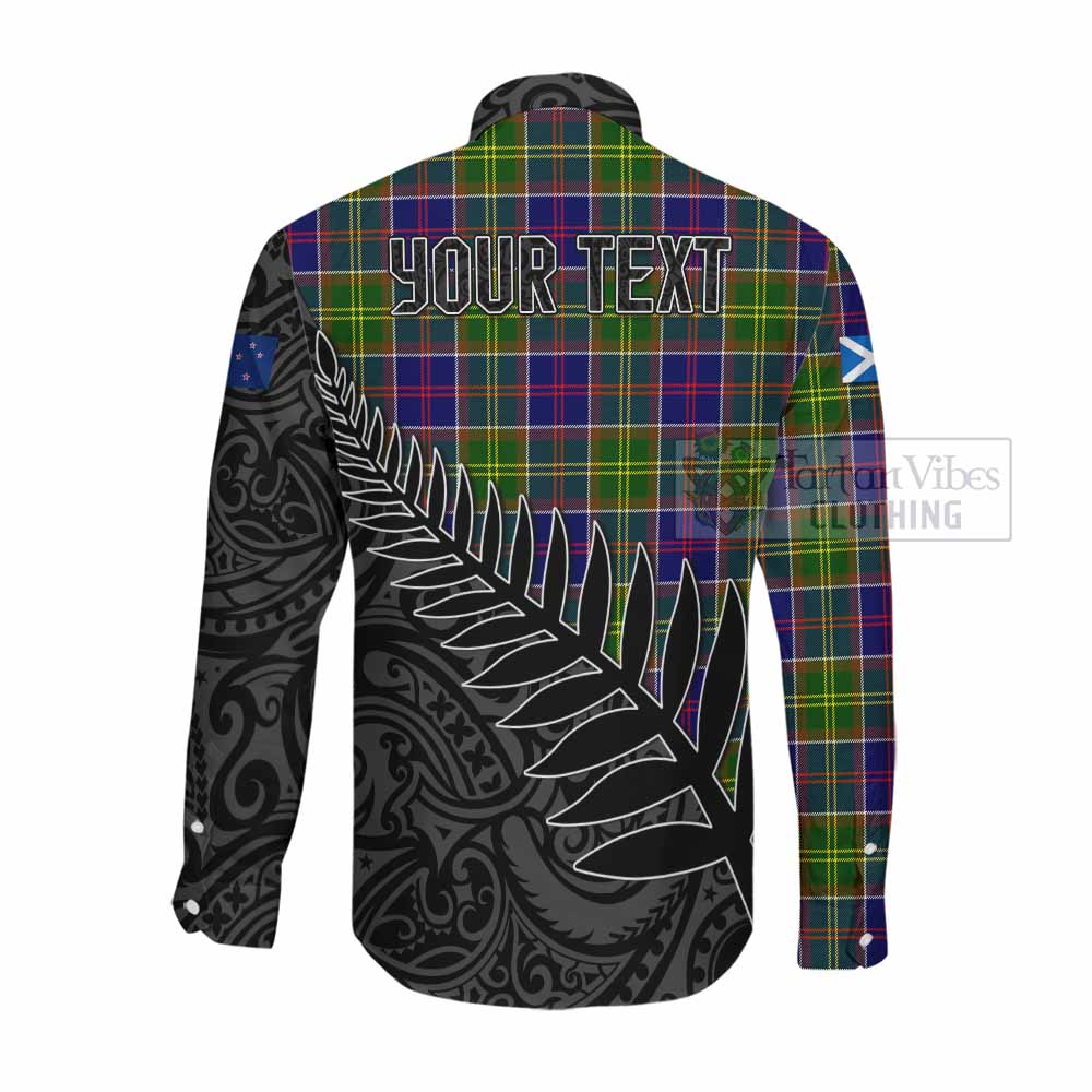 Tartan Vibes Clothing Dalrymple Crest Tartan Long Sleeve Button Shirt with New Zealand Silver Fern Half Style