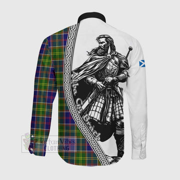 Dalrymple Tartan Clan Crest Long Sleeve Button Shirt with Highlander Warrior Celtic Style