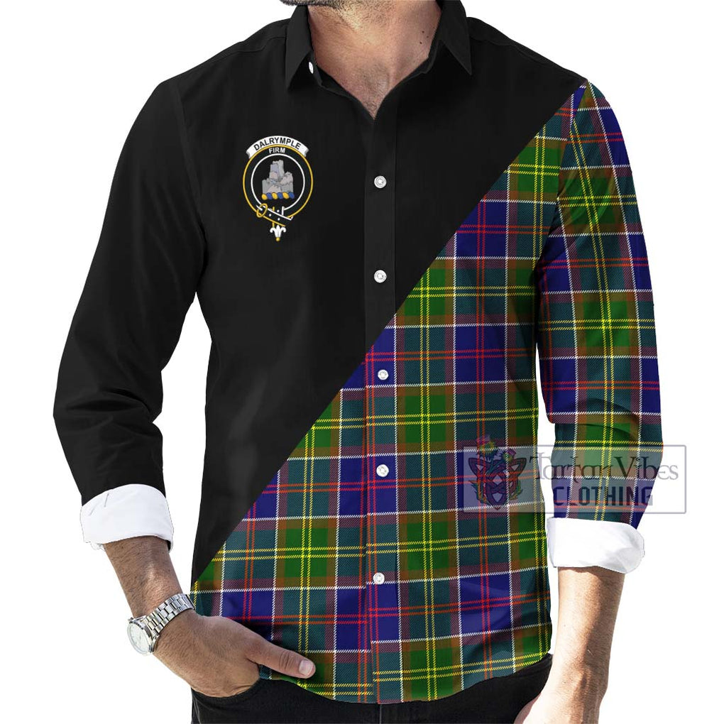 Dalrymple Tartan Long Sleeve Button Shirt with Family Crest and Military Logo Style - Tartanvibesclothing Shop