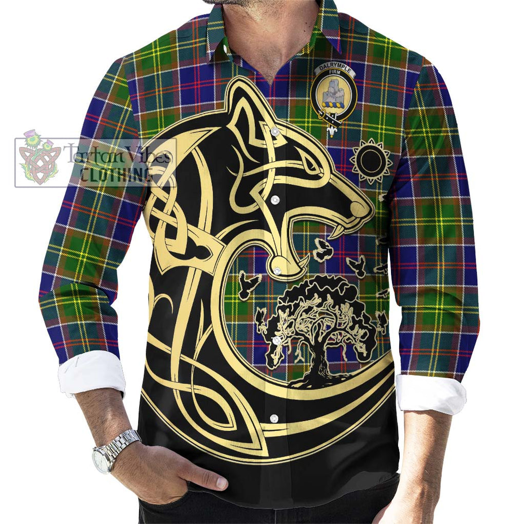 Dalrymple Tartan Long Sleeve Button Shirt with Family Crest Celtic Wolf Style - Tartan Vibes Clothing