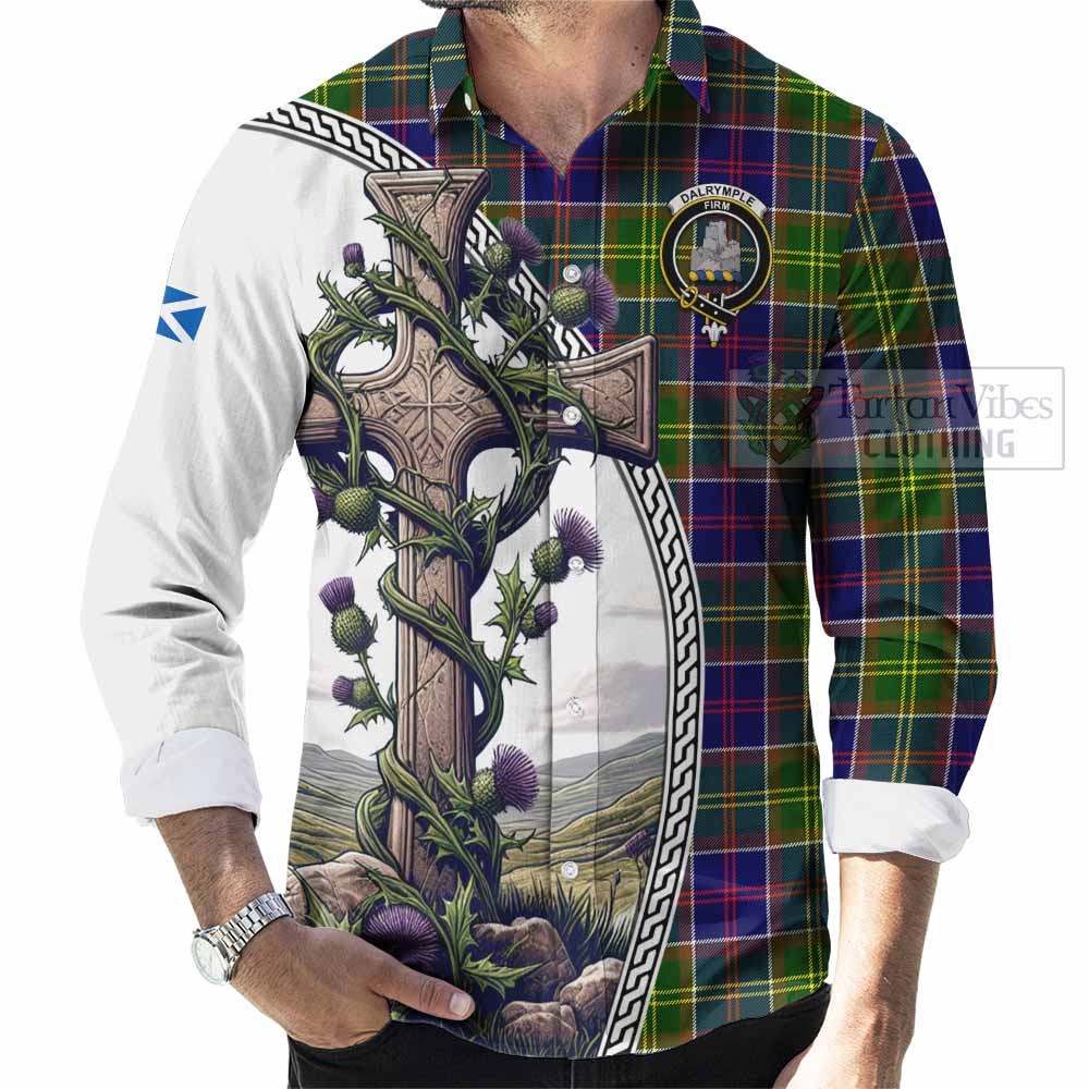 Tartan Vibes Clothing Dalrymple Tartan Long Sleeve Button Shirt with Family Crest and St. Andrew's Cross Accented by Thistle Vines