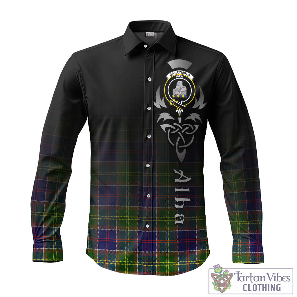 Tartan Vibes Clothing Dalrymple Tartan Long Sleeve Button Up Featuring Alba Gu Brath Family Crest Celtic Inspired