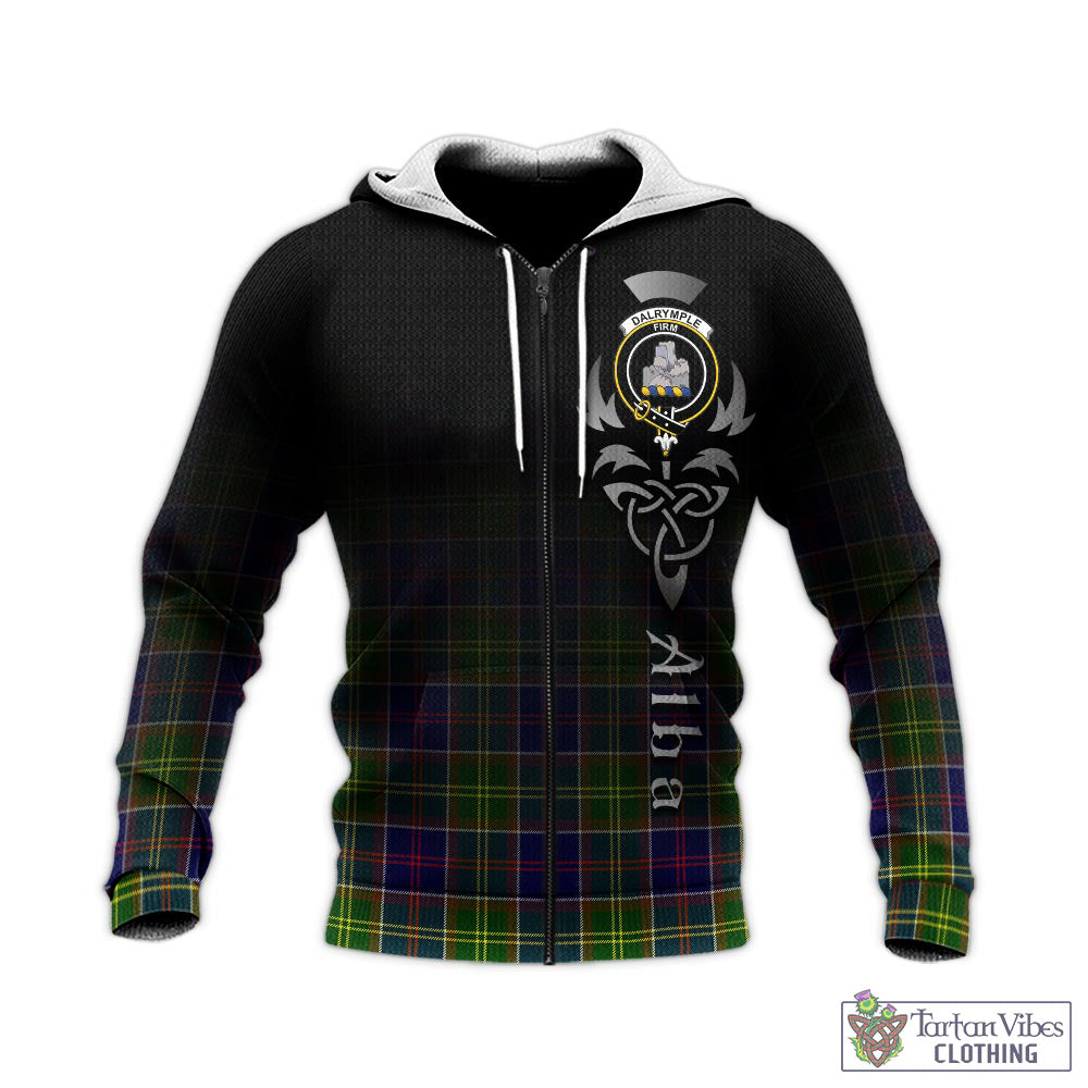 Tartan Vibes Clothing Dalrymple Tartan Knitted Hoodie Featuring Alba Gu Brath Family Crest Celtic Inspired