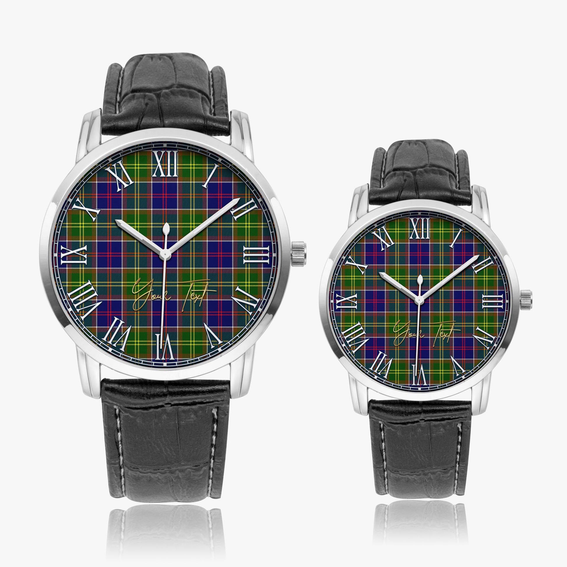 Dalrymple Tartan Personalized Your Text Leather Trap Quartz Watch Wide Type Silver Case With Black Leather Strap - Tartanvibesclothing