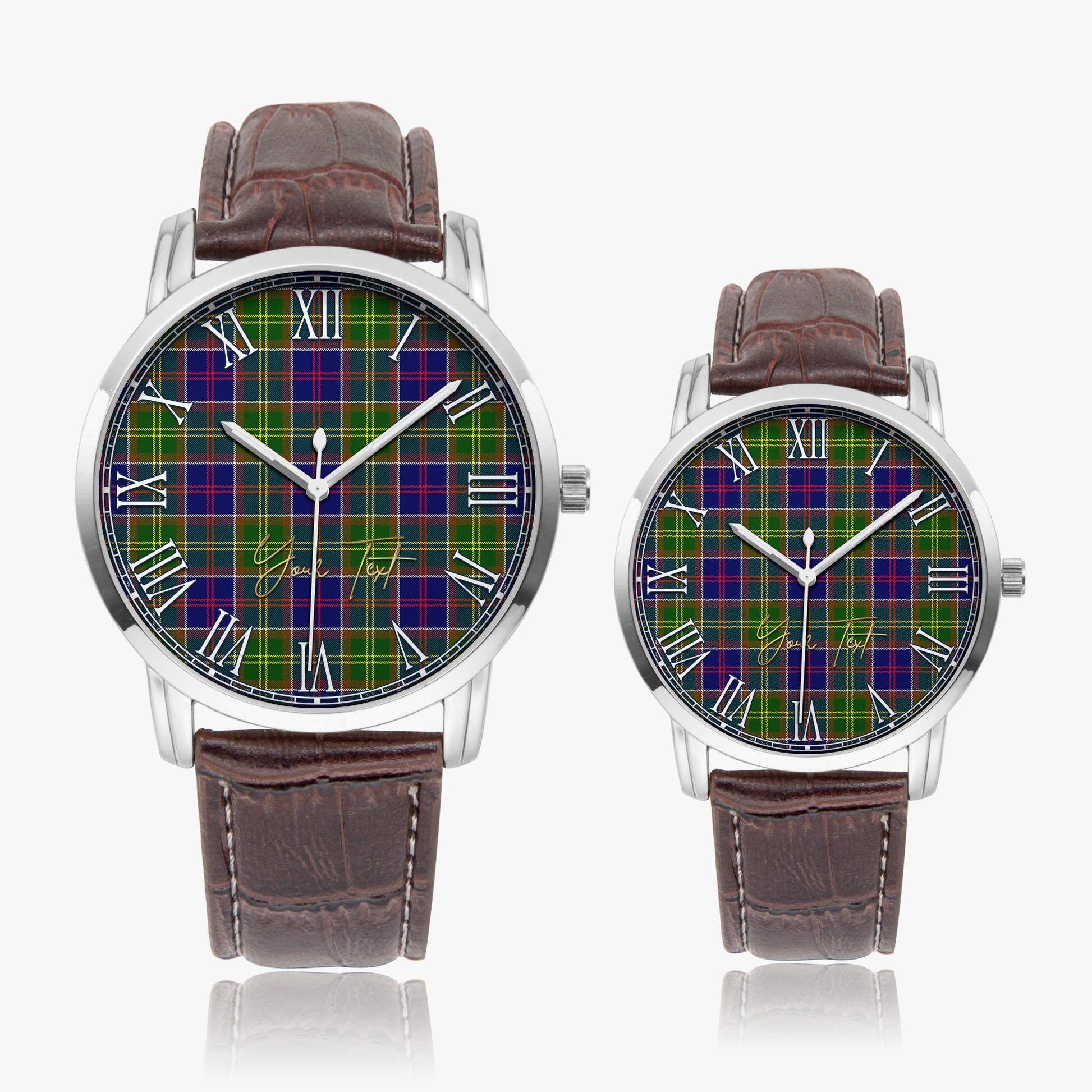 Dalrymple Tartan Personalized Your Text Leather Trap Quartz Watch Wide Type Silver Case With Brown Leather Strap - Tartanvibesclothing