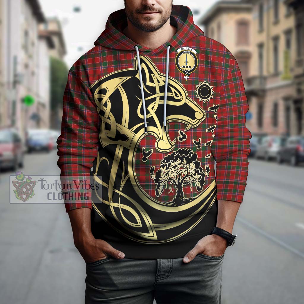 Tartan Vibes Clothing Dalzell Tartan Hoodie with Family Crest Celtic Wolf Style