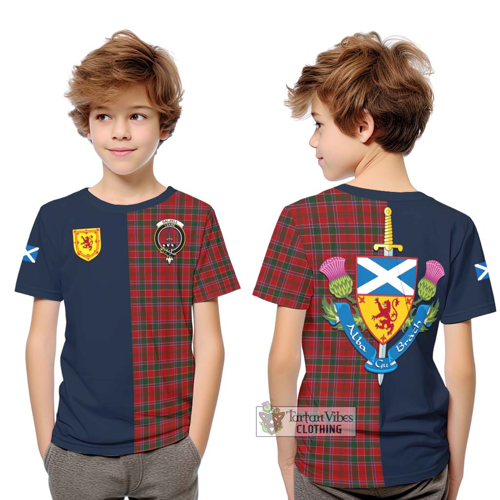 Tartan Vibes Clothing Dalzell Tartan Kid T-Shirt with Scottish Lion Royal Arm Half Style