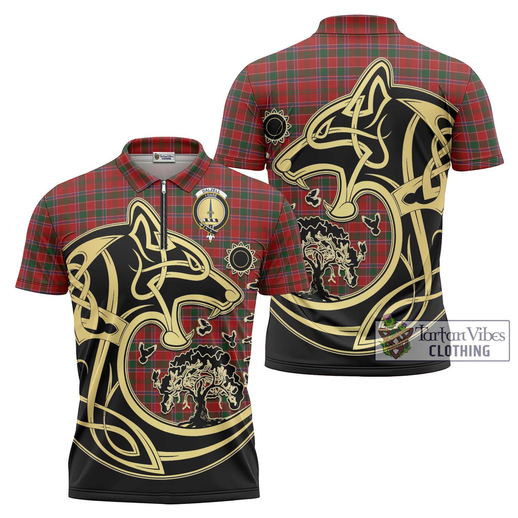 Dalzell (Dalziel) Tartan Zipper Polo Shirt with Family Crest Celtic Wolf Style Unisex - Tartanvibesclothing Shop