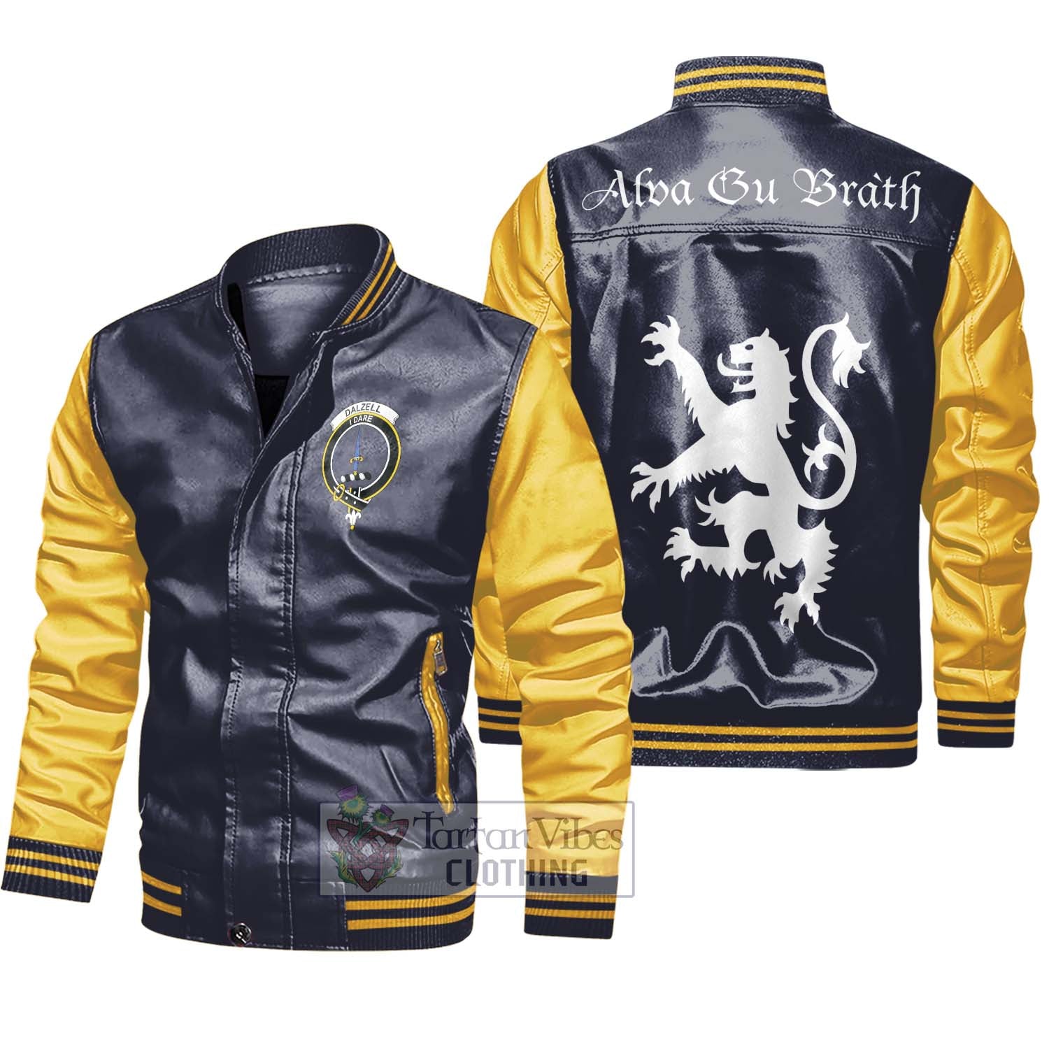 Tartan Vibes Clothing Dalzell Family Crest Leather Bomber Jacket Lion Rampant Alba Gu Brath Style