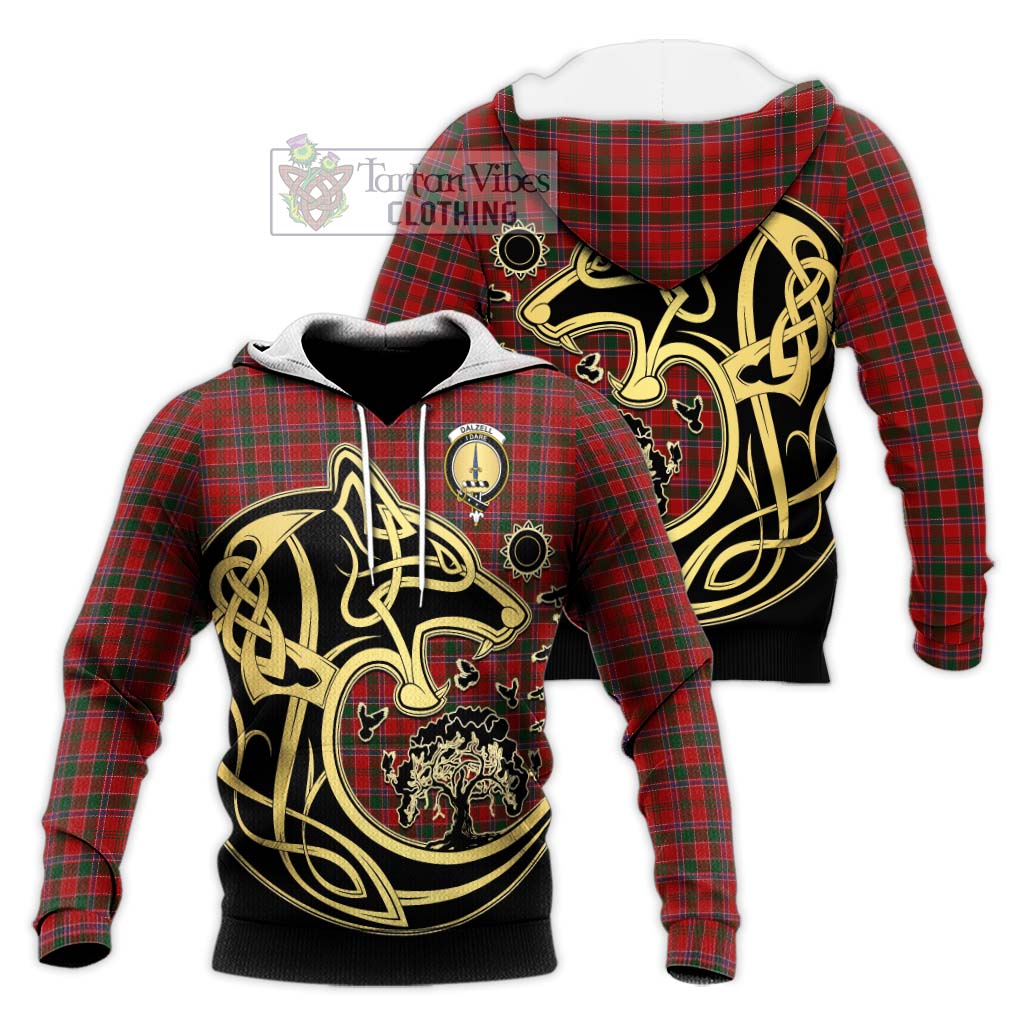 Tartan Vibes Clothing Dalzell Tartan Knitted Hoodie with Family Crest Celtic Wolf Style