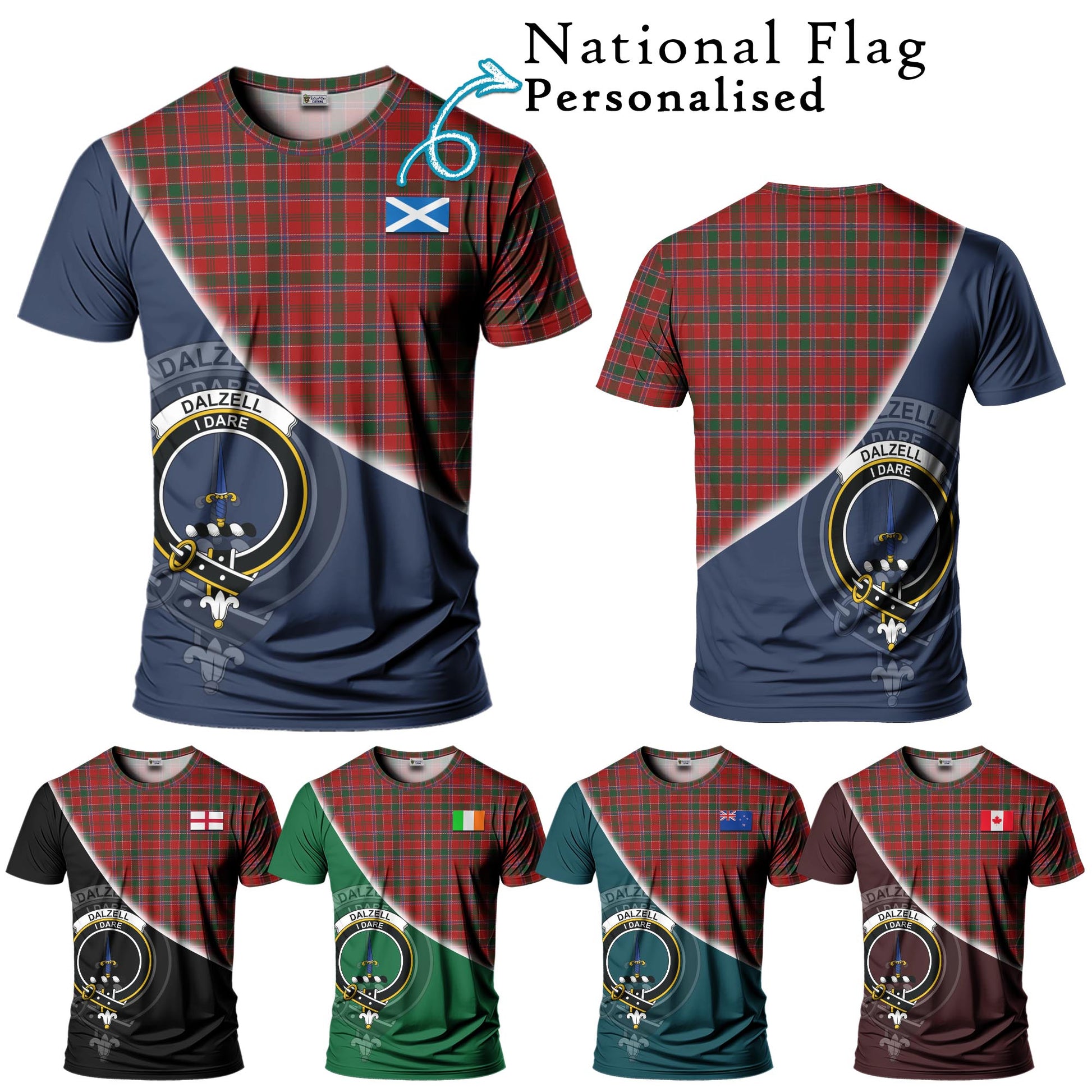 Tartan Vibes Clothing Dalzell Tartan T-Shirt with Personalised National Flag and Family Crest Half Style