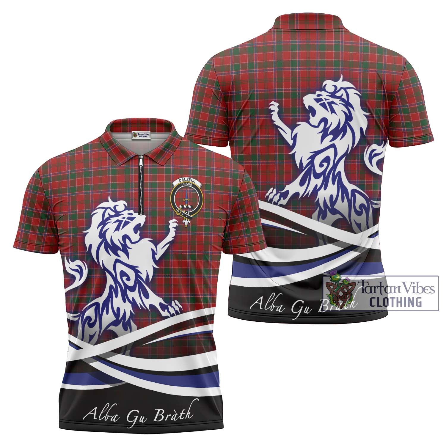 Tartan Vibes Clothing Dalzell Tartan Zipper Polo Shirt with Alba Gu Brath Regal Lion Emblem