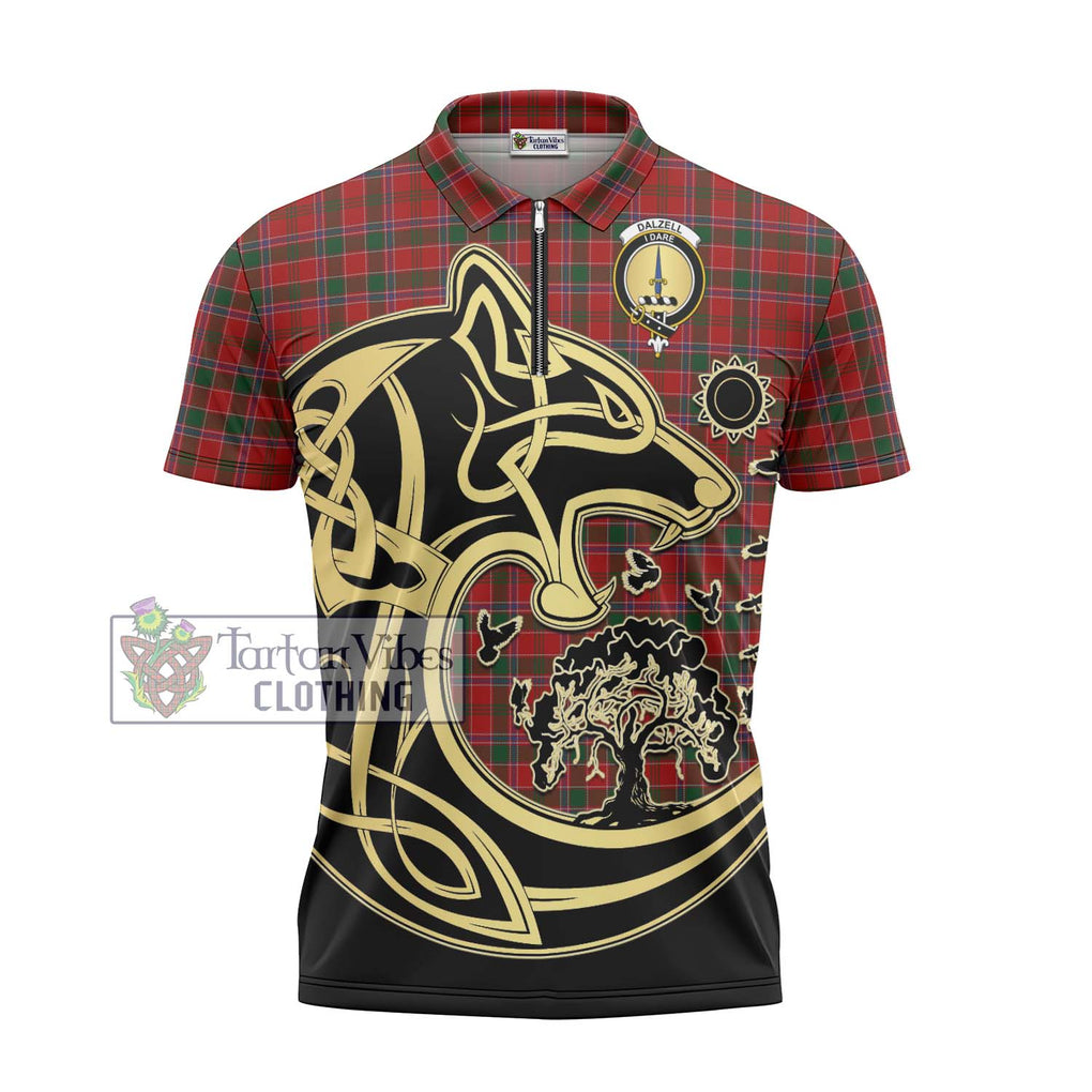 Dalzell (Dalziel) Tartan Zipper Polo Shirt with Family Crest Celtic Wolf Style - Tartanvibesclothing Shop