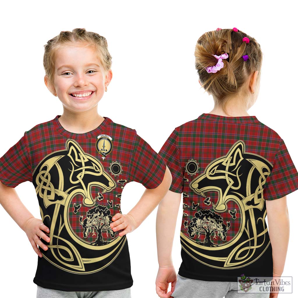 Tartan Vibes Clothing Dalzell Tartan Kid T-Shirt with Family Crest Celtic Wolf Style