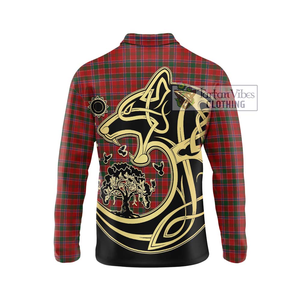 Tartan Vibes Clothing Dalzell Tartan Long Sleeve Polo Shirt with Family Crest Celtic Wolf Style