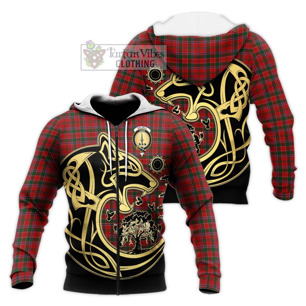 Tartan Vibes Clothing Dalzell Tartan Knitted Hoodie with Family Crest Celtic Wolf Style