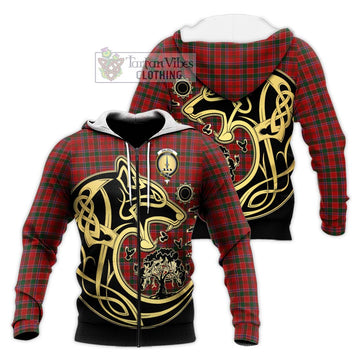 Dalzell Tartan Knitted Hoodie with Family Crest Celtic Wolf Style