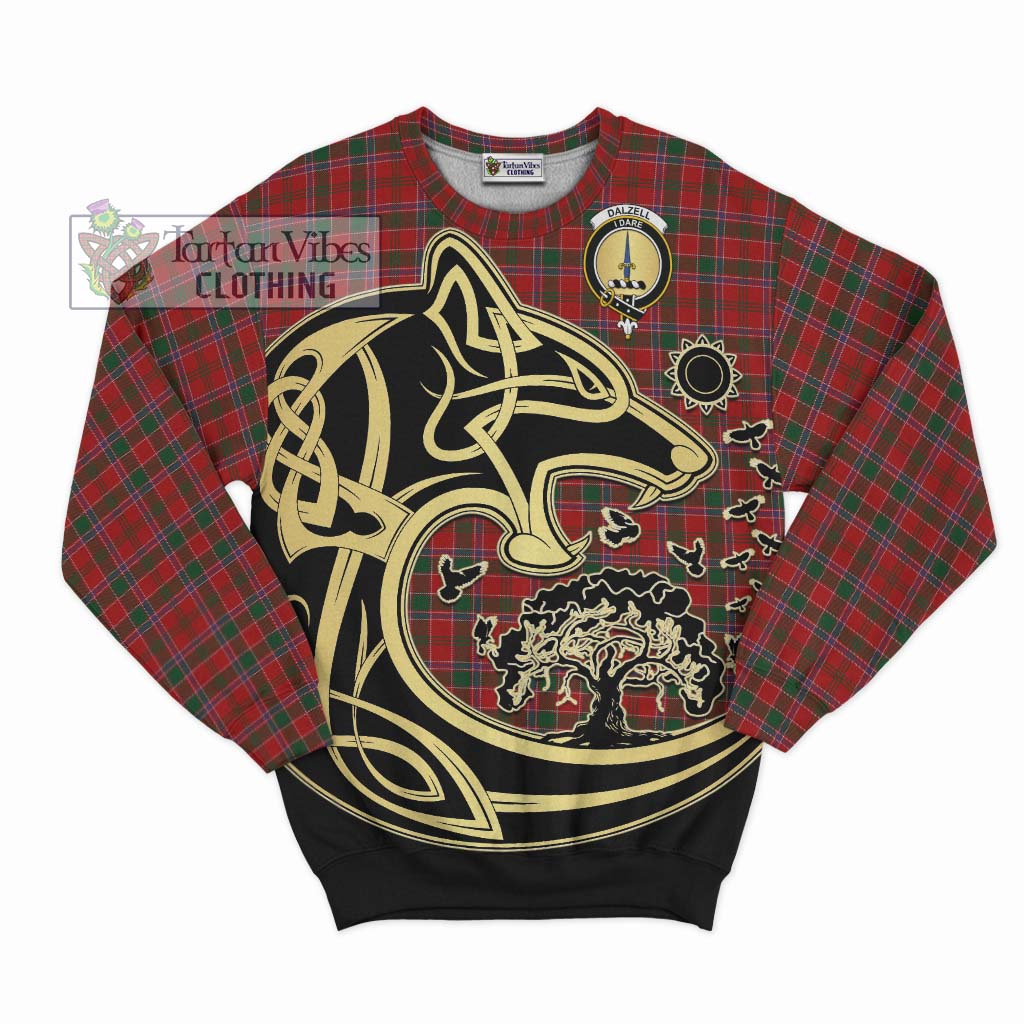 Tartan Vibes Clothing Dalzell Tartan Sweatshirt with Family Crest Celtic Wolf Style