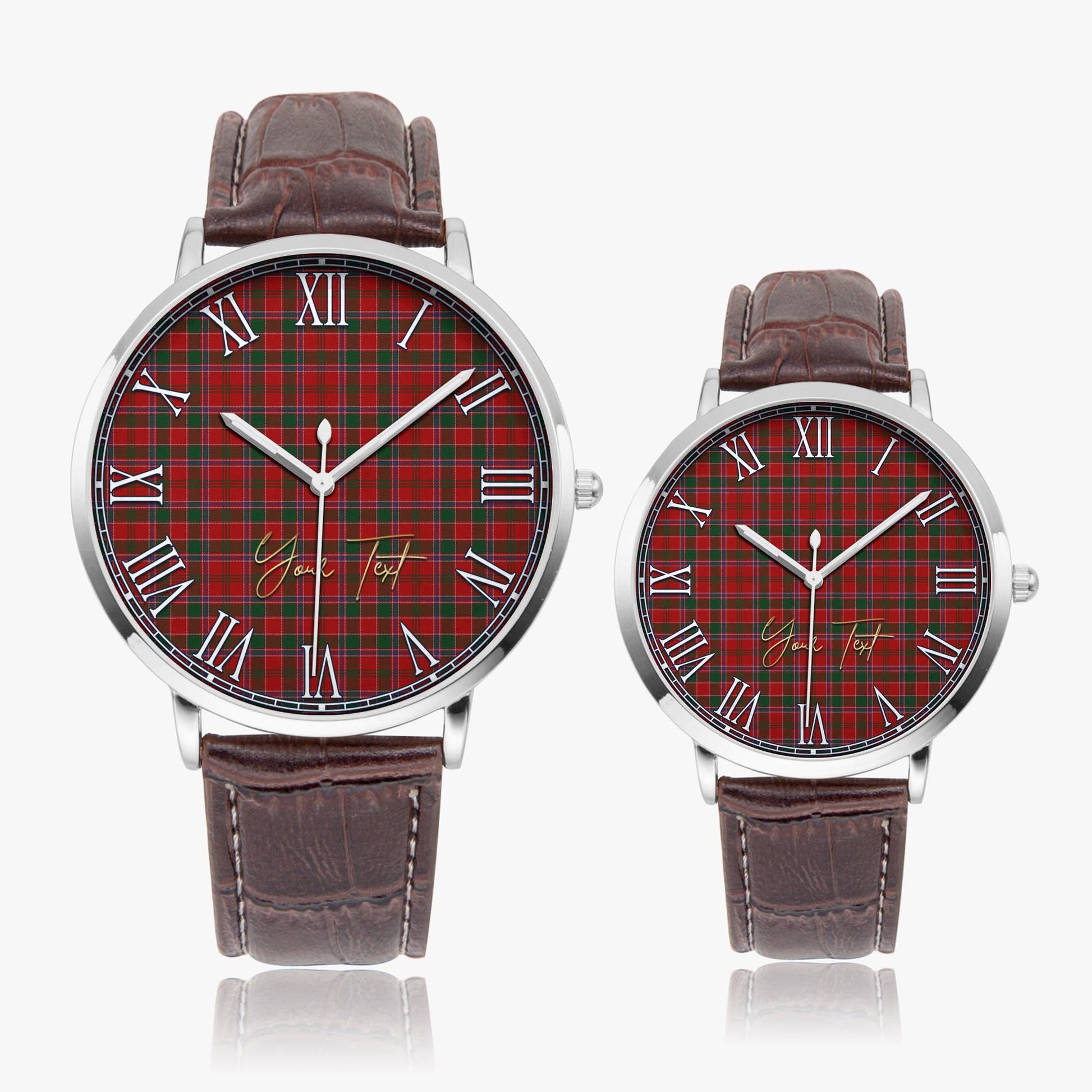 Dalzell (Dalziel) Tartan Personalized Your Text Leather Trap Quartz Watch Ultra Thin Silver Case With Brown Leather Strap - Tartanvibesclothing