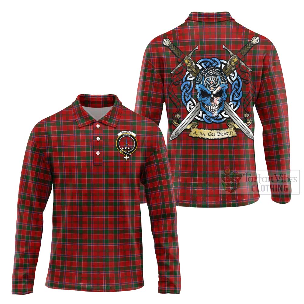 Tartan Vibes Clothing Dalzell (Dalziel) Tartan Long Sleeve Polo Shirt with Family Crest Celtic Skull Style