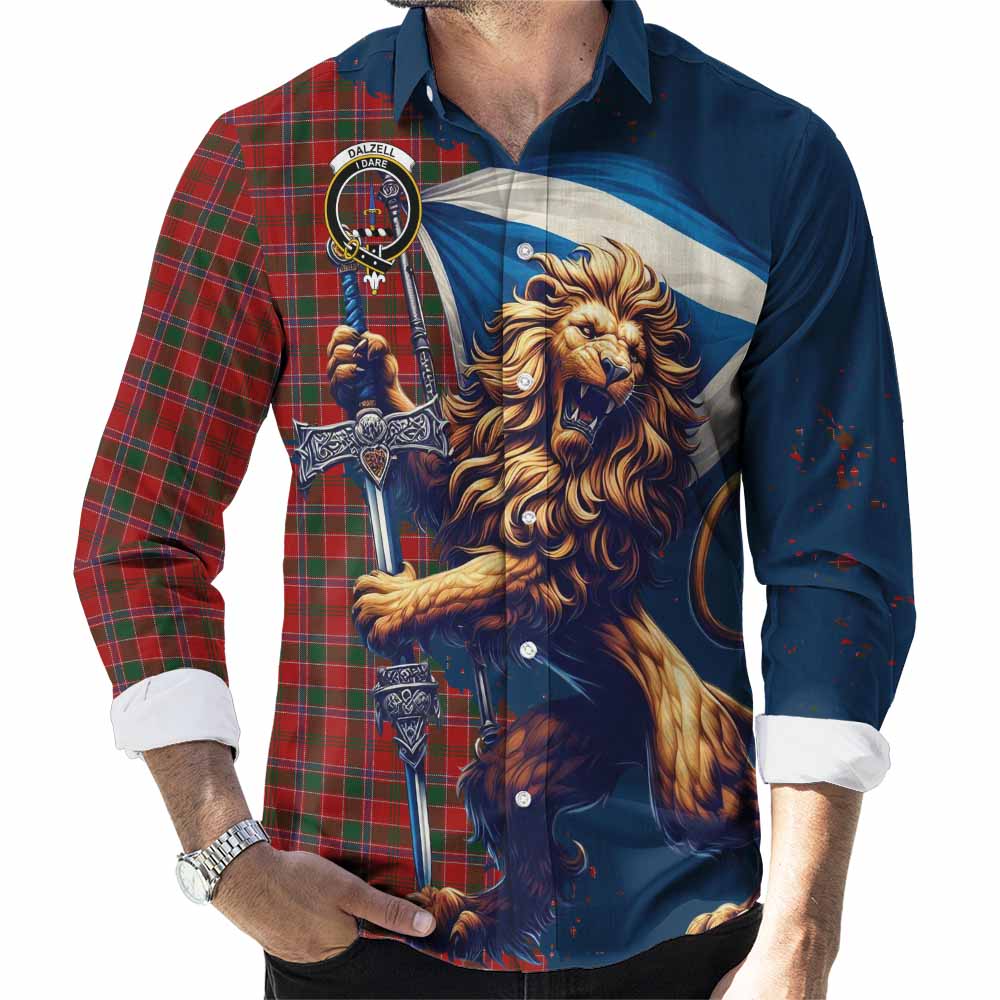 Tartan Vibes Clothing Dalzell (Dalziel) Tartan Family Crest Long Sleeve Button Shirt with Scottish Majestic Lion