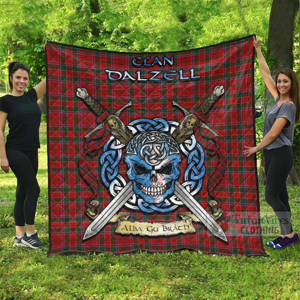 Tartan Vibes Clothing Dalzell (Dalziel) Tartan Quilt with Celtic Skull Alba Gu Brath Style