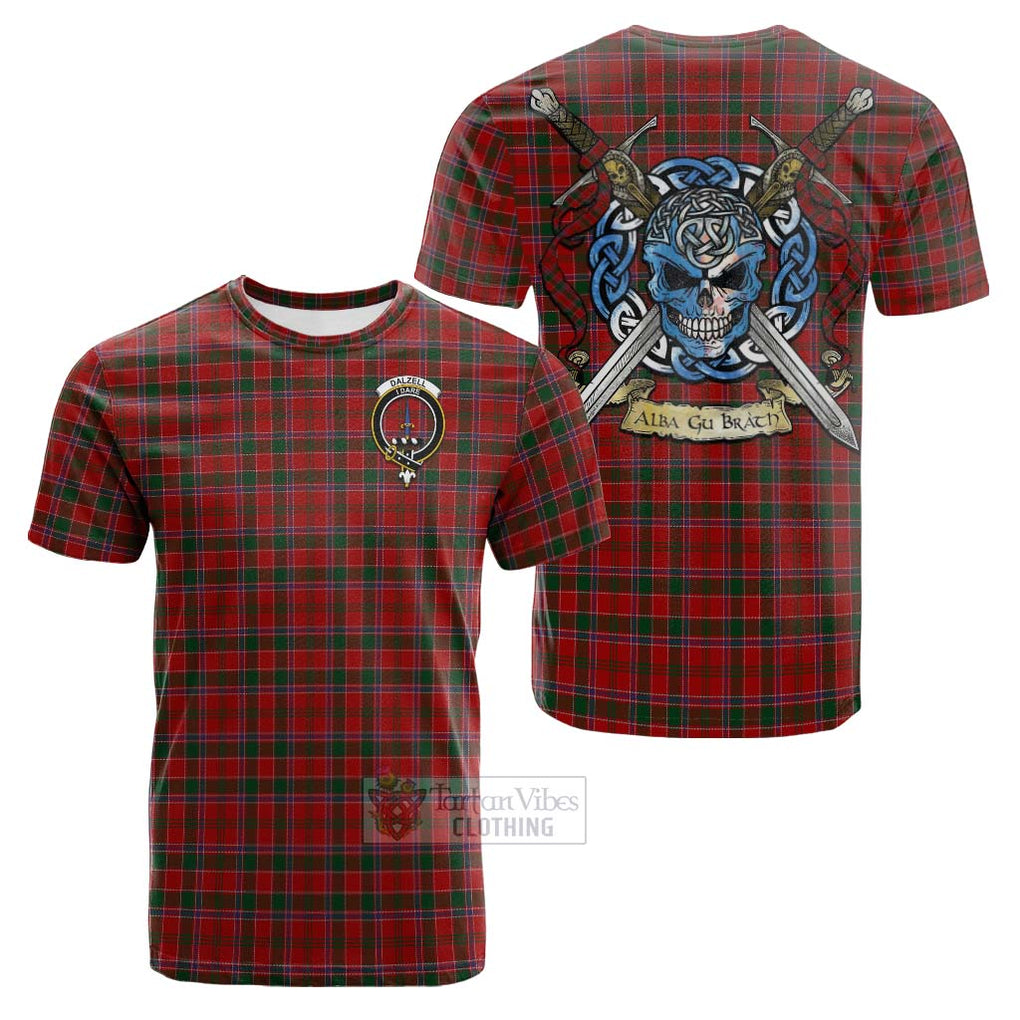 Tartan Vibes Clothing Dalzell (Dalziel) Tartan Cotton T-shirt with Family Crest Celtic Skull Style