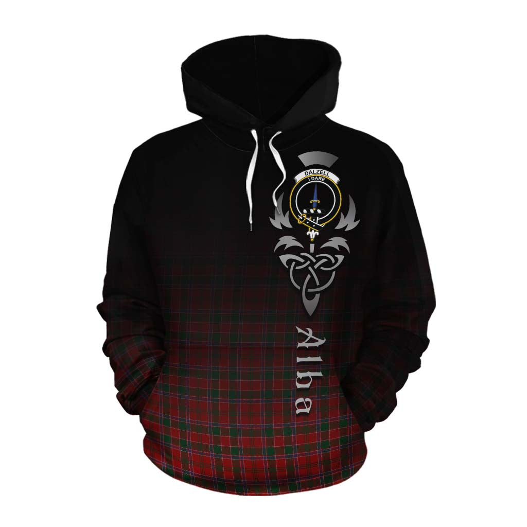 Tartan Vibes Clothing Dalzell (Dalziel) Tartan Cotton Hoodie Featuring Alba Gu Brath Family Crest Celtic Inspired