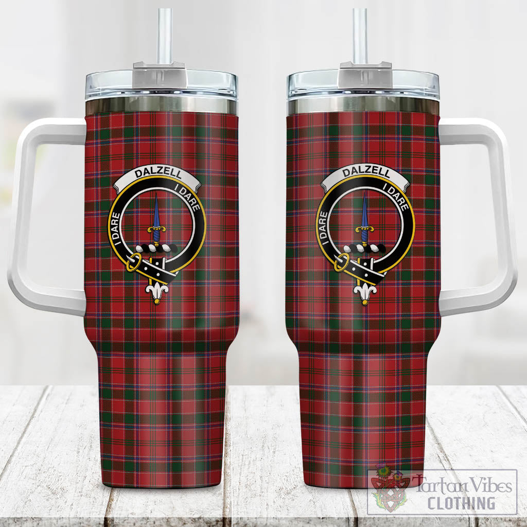 Tartan Vibes Clothing Dalzell (Dalziel) Tartan and Family Crest Tumbler with Handle