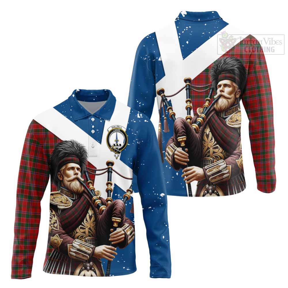 Tartan Vibes Clothing Dalzell (Dalziel) Tartan Long Sleeve Polo Shirt with Family Crest Scottish Bagpiper Vibes