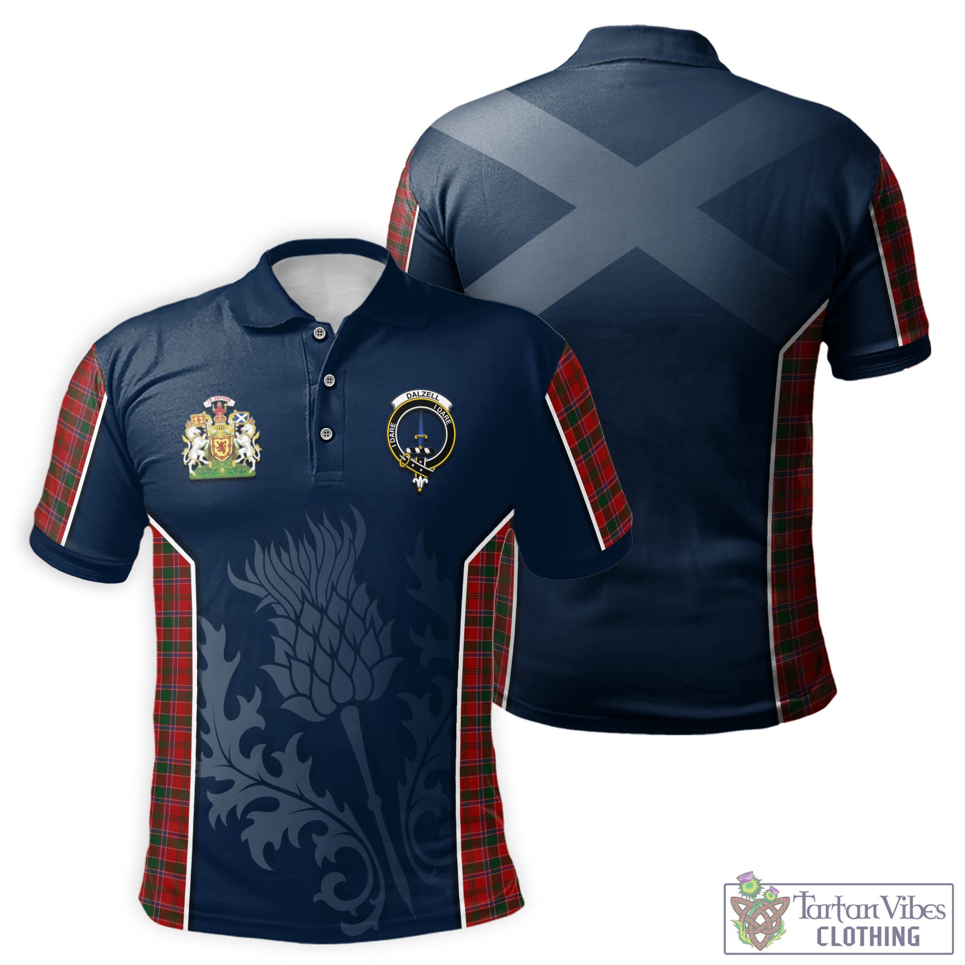 Tartan Vibes Clothing Dalzell (Dalziel) Tartan Men's Polo Shirt with Family Crest and Scottish Thistle Vibes Sport Style