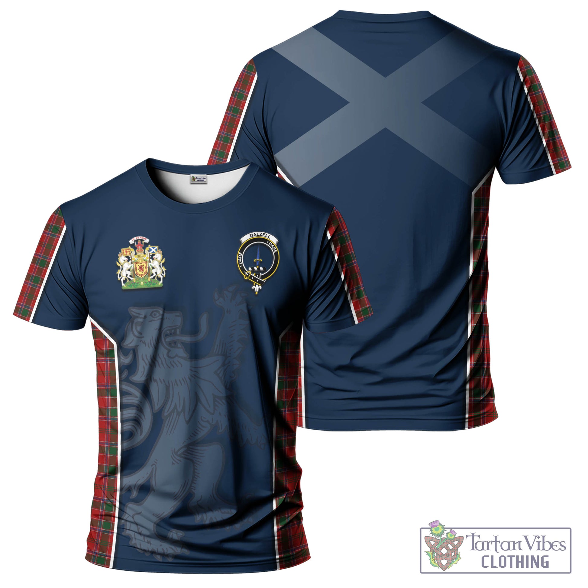 Tartan Vibes Clothing Dalzell (Dalziel) Tartan T-Shirt with Family Crest and Lion Rampant Vibes Sport Style