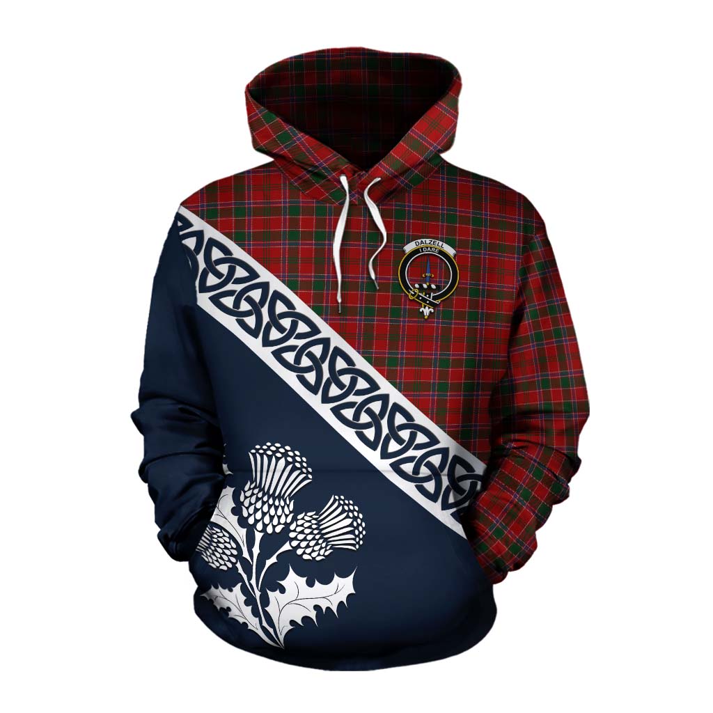 Tartan Vibes Clothing Dalzell (Dalziel) Tartan Cotton Hoodie Featuring Thistle and Scotland Map