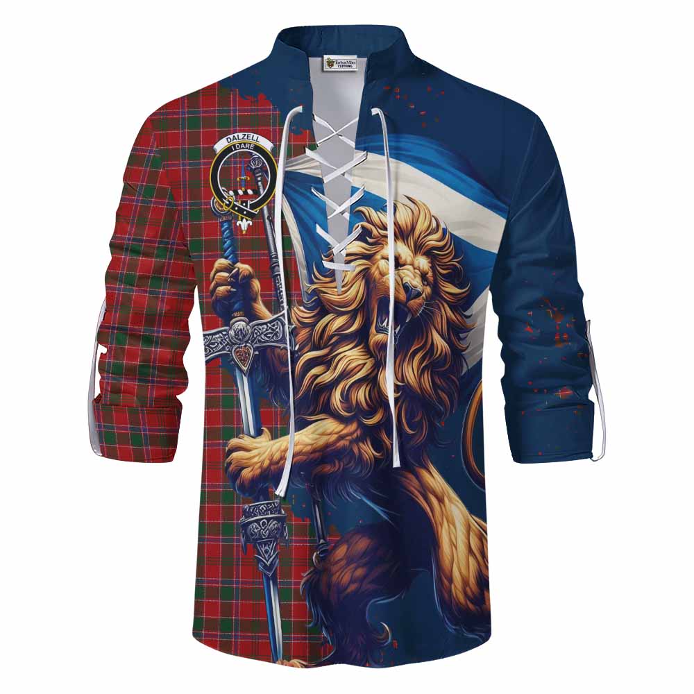 Tartan Vibes Clothing Dalzell (Dalziel) Tartan Family Crest Ghillie Kilt Shirt with Scottish Majestic Lion