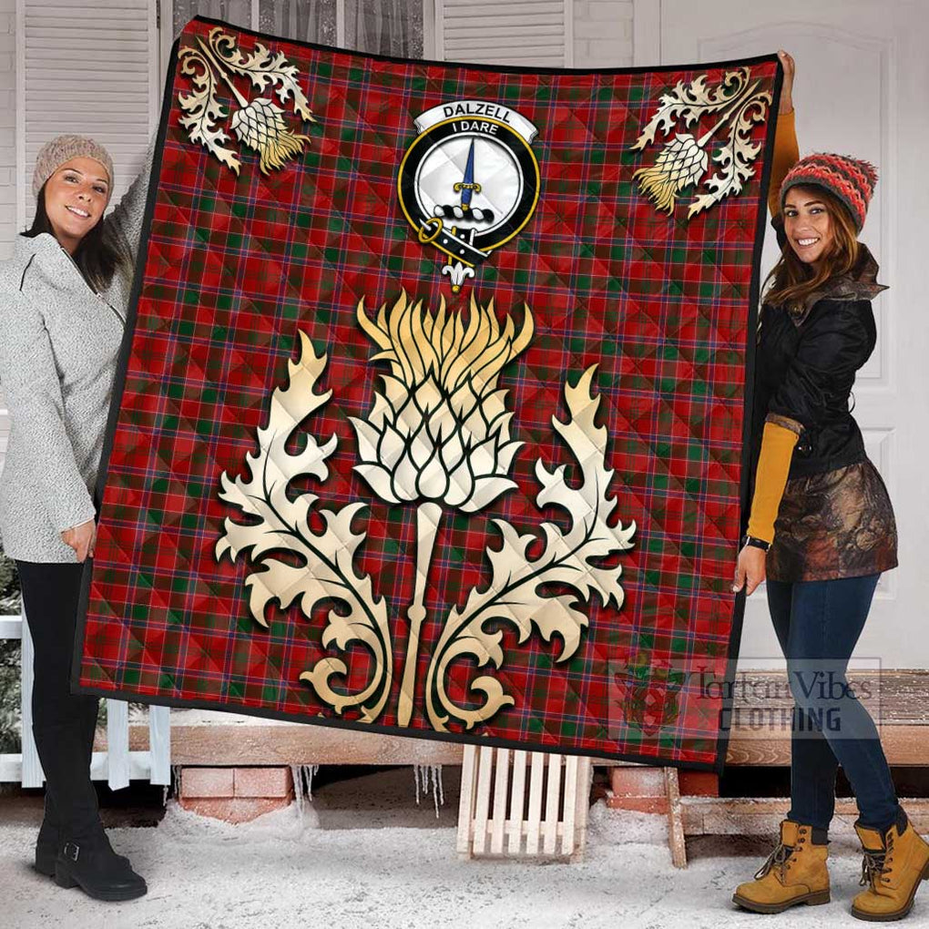 Tartan Vibes Clothing Dalzell (Dalziel) Tartan Quilt with Family Crest and Golden Thistle Style