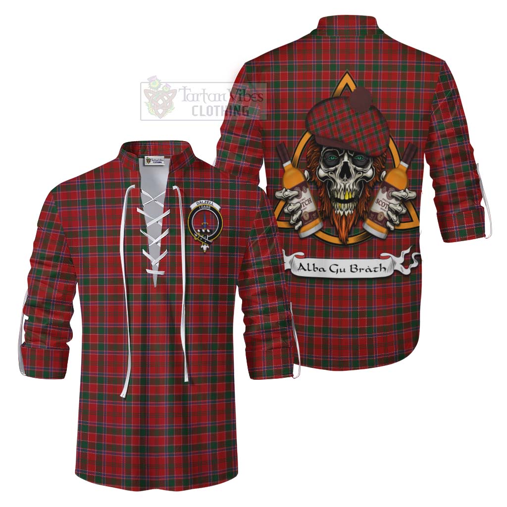 Tartan Vibes Clothing Dalzell (Dalziel) Tartan Ghillie Kilt Shirt with Family Crest and Bearded Skull Holding Bottles of Whiskey