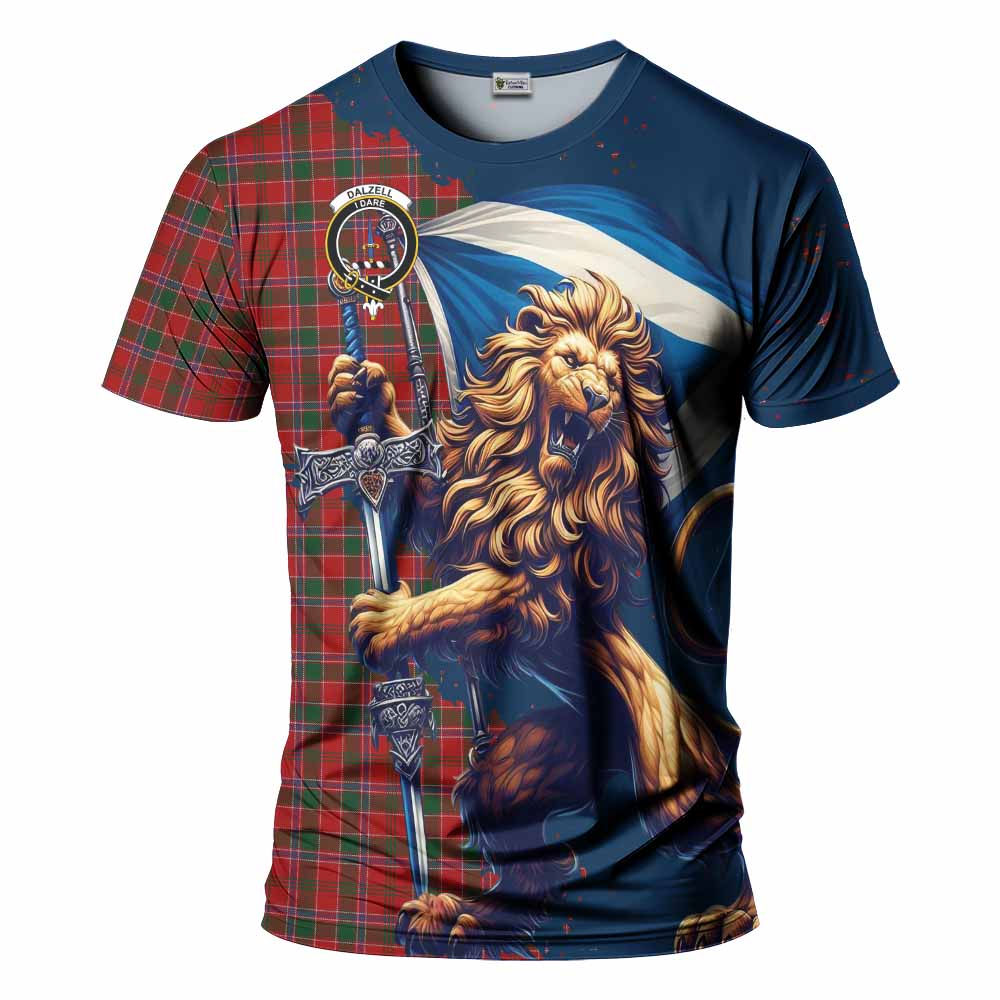 Tartan Vibes Clothing Dalzell (Dalziel) Tartan Family Crest T-Shirt with Scottish Majestic Lion