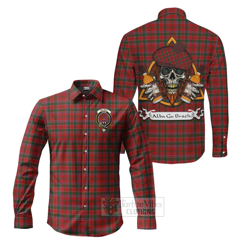 Tartan Vibes Clothing Dalzell (Dalziel) Tartan Long Sleeve Button Shirt with Family Crest and Bearded Skull Holding Bottles of Whiskey