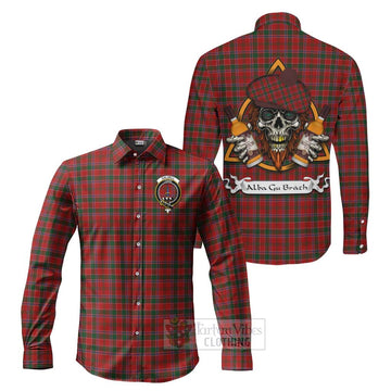 Dalzell (Dalziel) Tartan Long Sleeve Button Shirt with Family Crest and Bearded Skull Holding Bottles of Whiskey