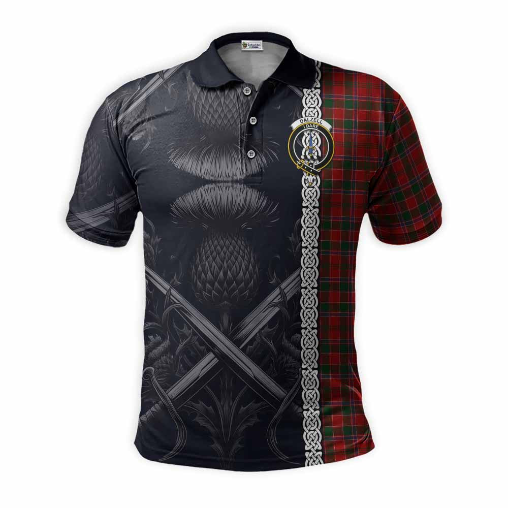 Tartan Vibes Clothing Dalzell (Dalziel) Tartan Polo Shirt with Family Crest Cross Sword Thistle Celtic Vibes