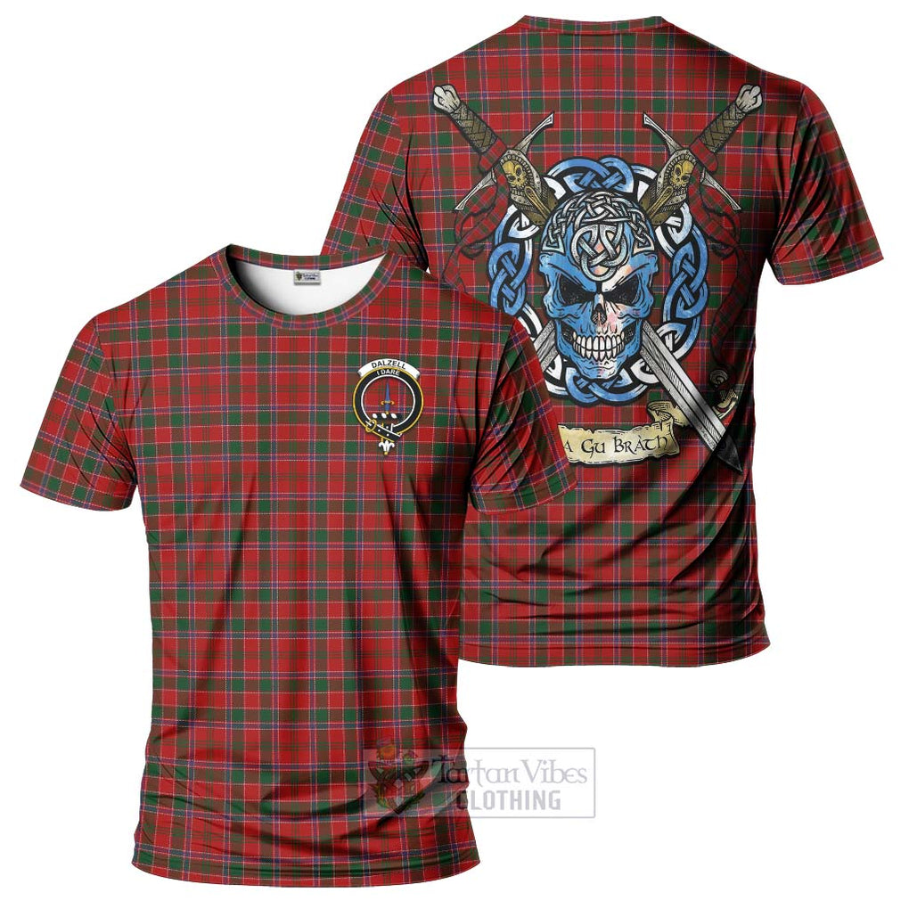 Tartan Vibes Clothing Dalzell (Dalziel) Tartan T-Shirt with Family Crest Celtic Skull Style