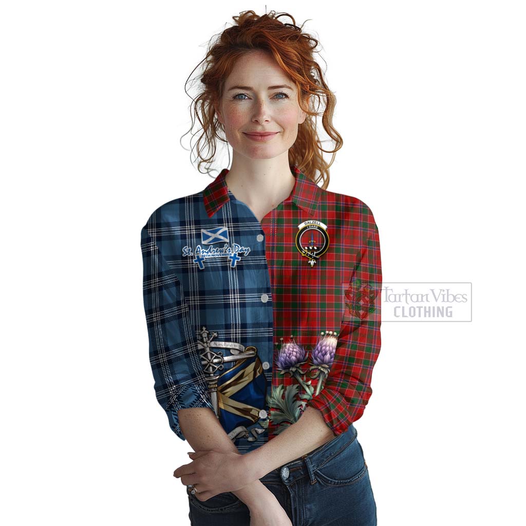 Tartan Vibes Clothing Dalzell (Dalziel) Tartan Women's Casual Shirt Happy St. Andrew's Day Half Tartan Style