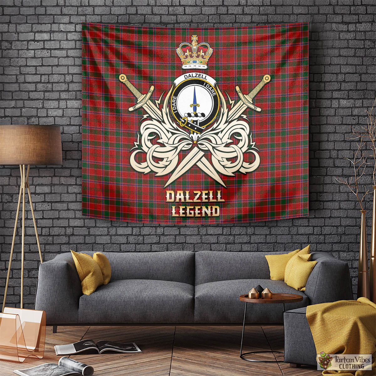 Tartan Vibes Clothing Dalzell (Dalziel) Tartan Tapestry with Clan Crest and the Golden Sword of Courageous Legacy